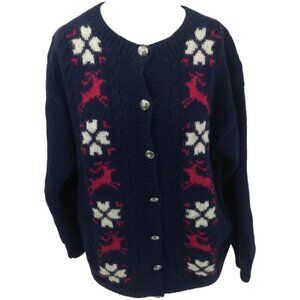 Eddie Bauer Nordic Christmas Winter 100% Wool Cardigan Sweater Size M Blue